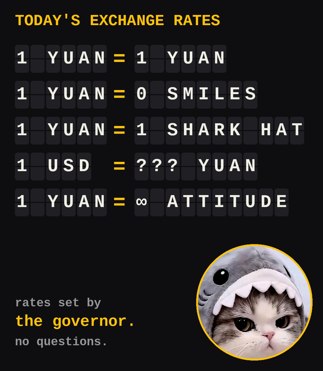 exchange rates board: 1 YUAN = 1 YUAN, 0 smiles